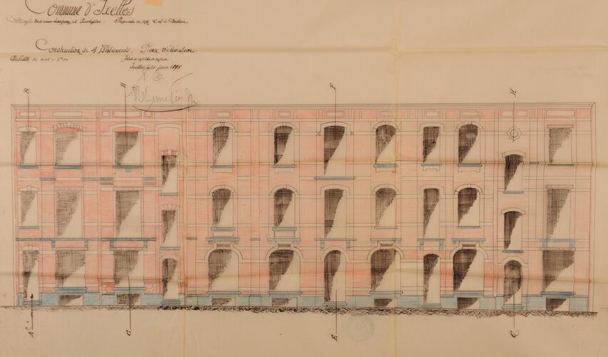 Rue Lanfray 17, 19, 15 – rue A. de Witte 44, 46, <a href='/fr/glossary/183' class='info'>élévations<span>Dessin à l'échelle d'une des faces verticales d’un édifice. Par extension, façade d'un bâtiment ou ensemble de ses façades.</span></a>, ACI/Urb. 191-15-19 (1898).