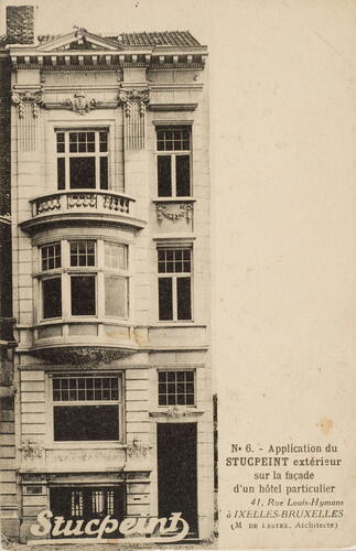 Rue Louis Hymans 41, carte postale avec réclame pour stucpeint, cachet de la poste de 1927 (Collection Dexia Banque).