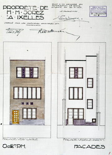 Rue Mignot Delstanche 40, <a href='/fr/glossary/183' class='info'>élévations<span>Dessin à l'échelle d'une des faces verticales d’un édifice. Par extension, façade d'un bâtiment ou ensemble de ses façades.</span></a> avant et arrière, ACI/Urb. 232-40 (1928).