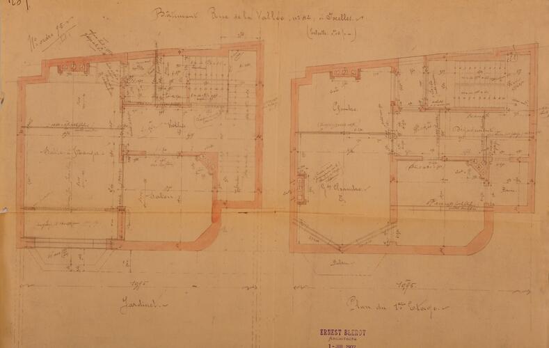 Rue de la Vallée 40, plan du rez-de-chaussée et du premier étage, ACI/Urb. 295-40 (1902).