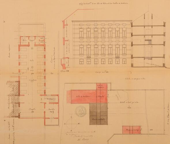 Chaussée de Wavre 249, L’Œuvre du Calvaire, plan d’implantation des bâtiments de 1889-1890, élévation et plan de l’aile accueillant l’hôpital, ACI/Urb. 317-249 (1889).
