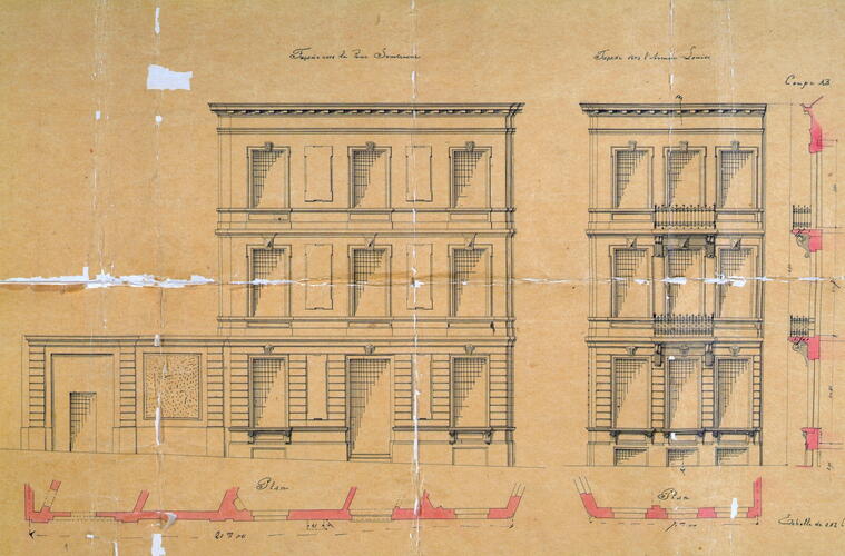 Avenue Louise 101 et 99, <a href='/fr/glossary/183' class='info'>élévations<span>Dessin à l'échelle d'une des faces verticales d’un édifice. Par extension, façade d'un bâtiment ou ensemble de ses façades.</span></a>, AVB/TP 14473 (1872).