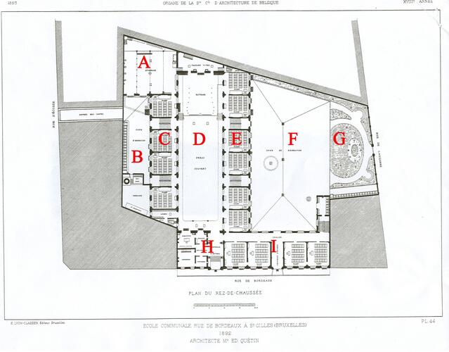 Rue de Bordeaux 14-16, école communale nsupo/sup 6, 1891, arch. Edmond Quétin, plan du Rued.Chaussée (L’Émulation, 1893, col. 189, Pl. 44).