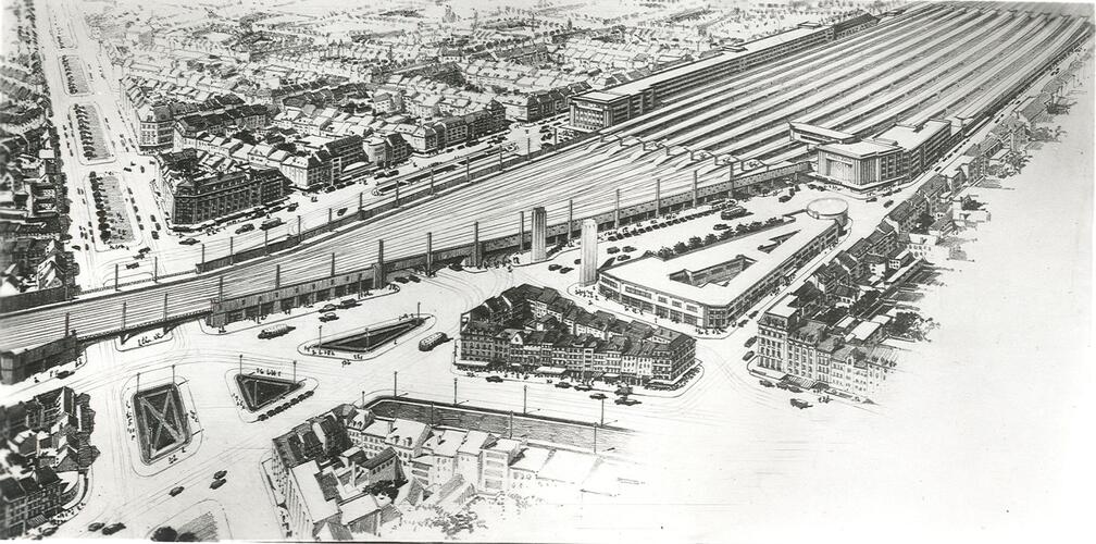 Avenue Fonsny, vue aérienne de la Gare du Midi, dessin des arch. Blomme (IRPA: 60543B).