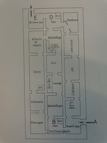 Watertorengarde, voormalige hospitaalbunker, plattegrond ingedeeld in zeventien compartimenten, [i]Le Rail[/i], 1940, p. 21.
