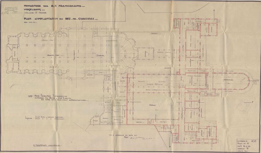 Plan du couvent, l'église et le presbytère, arch. Camille Damman, 1933, ACWSP.