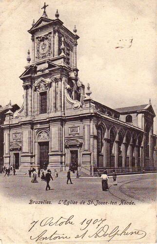 De kerk van Sint-Joost-ten-Node, afgestempeld op 1907 (Verzameling postkaarten Dexia Bank).