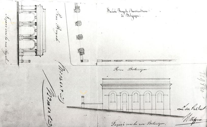 Rue Royale 236, Botanique. Portique, projet de 1843 (ACSJ/Urb./TP 70).