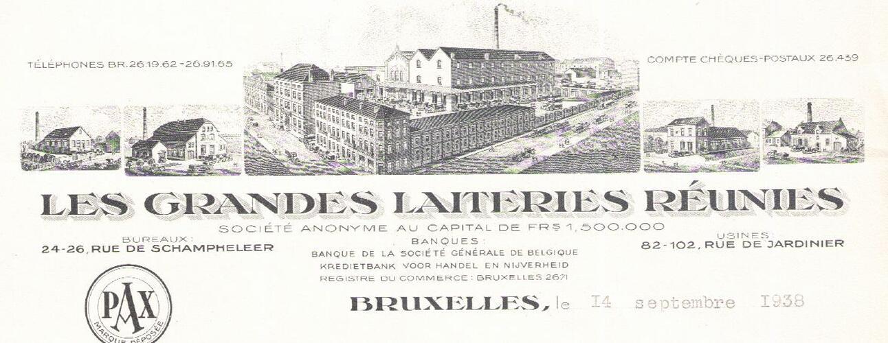 Rue Deschampheleer 24, 26, entête de lettre de 1938 représentant Les Grandes Laiteries Réunies, ACK/Urb. 3148-80 (1938).