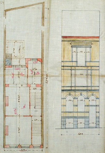 Élévation et plan du r.d.ch. à pièces en enfilade. Rue de Savoie 94, Saint-Gilles, ACSG/Urb. 221 (1907)
