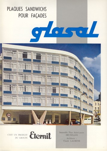 Publicité pour le panneau sandwich de marque Glasal (<i>Architecture</i>, 27, 1959), immeuble place Saint-Lazare 1, Saint-josse-ten-Noode, 1957, architecte Claude Laurens