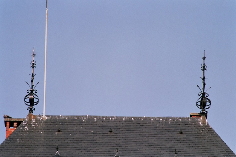 Deux épis de faîtage au faîte du toit, Institut Lucien Cooremans, place Anneessens 11, Bruxelles, 1877, architecte Emile Janlet, 2005