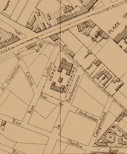 Le dépôt de corbillards édifié sur l’ancien cimetière du quartier Léopold. [i]Bruxelles et ses environs[/i], Institut cartographique militaire, 1894 (AVB/TP 16767).