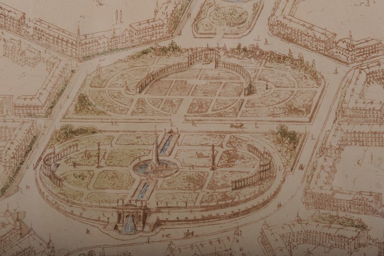 Le square Ambiorix, détail de la vue perspective de la transformation de la partie nord-est du quartier Léopold, dessinée par Gédéon Bordiau en date du 20.10.1875, AVB/PP 953.