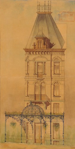 Square Ambiorix 23, à l’angle du square Marguerite, imposant bâtiment de 1897, à toiture en pavillon (démoli). Au r.d.ch., le café Au Belvédère et sa marquise en fer forgé conçue en 1901 par l’architecte Fernand Symons, élévation, AVB/TP 16086 (1901).