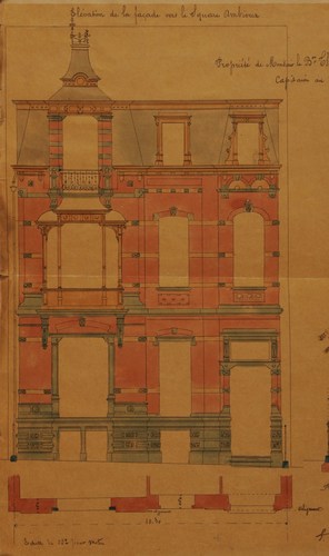 À l’emplacement de l’actuel nsupo/sup 40 square Ambiorix, habitation du baron de Jamblinne de Meux conçue par l’architecte Jules Barth en 1893 (démolie), élévation, AVB/TP 6608 (1893).