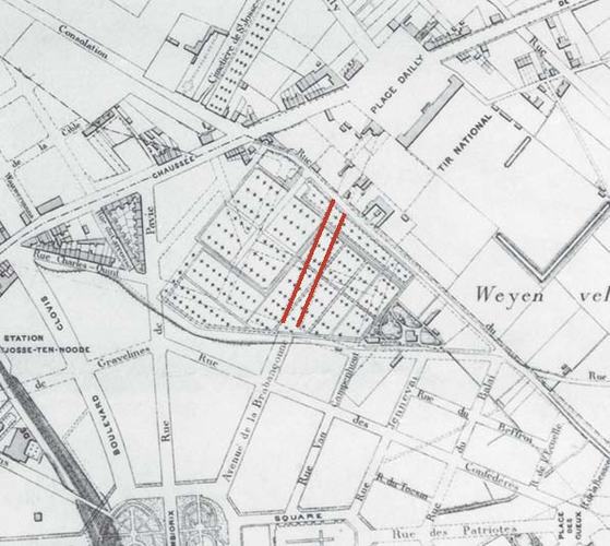 Het oude kerkhof van de Leopoldswijk en het tracé van de op dit terrein aan te leggen straten, waaronder de Brabançonnelaan, [i]Bruxelles et ses environs[/i], Institut cartographique militaire, 1881 (© KBR, Brussel, Kaarten en Plannen).