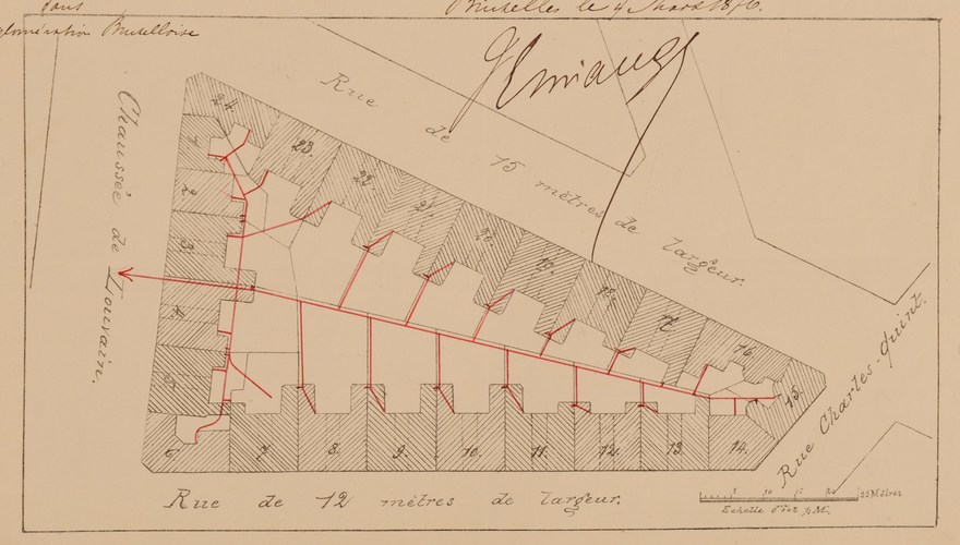 Grondplan van de arbeiderswijk, begrensd door de Leuvensesteenweg, de Paviastraat, de Keizer Karelstraat en de Ringsteekstraat, SAB/OW 14969 (1876).