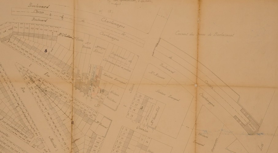 Le boulevard Charlemagne traversé par le chemin de fer de ceinture, détail d’un plan des terrains à vendre au quartier Nord-Est, vers 1880, AVB/PP 3481.