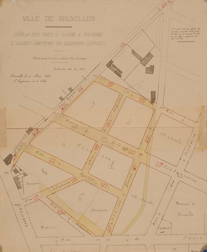 Plan voor de grondwerken van de door het voormalige kerkhof van de Leopoldswijk aan te leggen straten, opgesteld in 1891, met aanduiding van de oude en nieuwe tracés van de Keizer Karelstraat tussen de Paviastraat en de Notelaarsstraat, SAB/OW 16520.