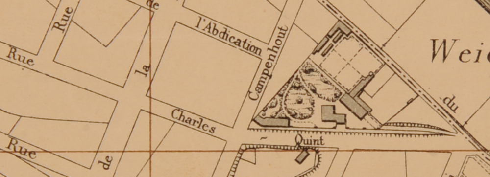 La propriété Jacquet en 1894, peu avant son démantèlement, dernier tronçon de la rue Charles Quint côté pair, détail du plan [i]Bruxelles et ses environs[/i], réalisé par l’Institut cartographique militaire, AVB/TP 16767.