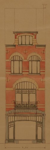 Rue Charles Quint 134, maison d’inspiration Art nouveau, à menuiserie aujourd’hui remplacée, conçue pour l’entrepreneur Hector Linet, probablement par l’architecte Maurice Dechamps, élévation, AVB/TP 8796 (1901).