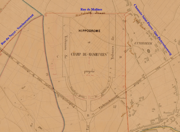 Détail du projet de prolongement de la rue de la Loi vers un champ de manœuvres, dressé en 1850 par Dubois et le Hardy de Beaulieu. La rue de Malines sera remplacée par l'actuelle avenue de la Chevalerie. AVB/PP 1521.
