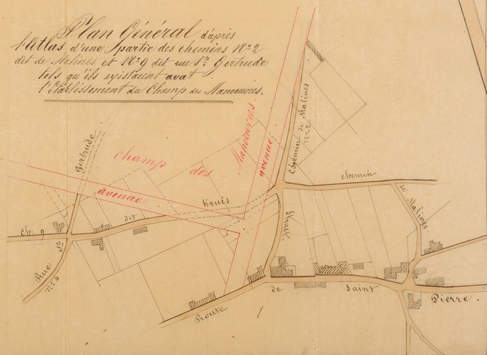 Le chemin de Malines, préexistant à la future avenue de la Chevalerie, et l'implantation du champ de manœuvres, AVB/TP 26360 (1864). 