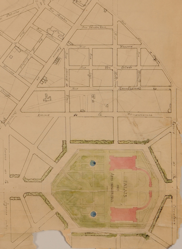 Détail du plan de transformation de la partie nord-est du quartier Léopold, dessiné par Gédéon Bordiau. La rue des Villas devient avenue de la Chevalerie. AVB/PP 956 (1879).
