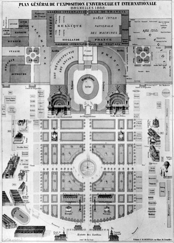 Plan du Grand Concours international des Sciences et de l’Industrie de 1888 au parc du Cinquantenaire (collection AAM).