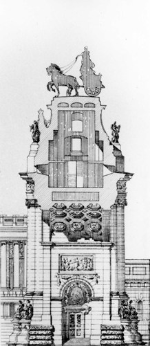 Triomfboog van het Jubelpark, in 1904 ontworpen door Charles Girault, doorsnede (Verzameling Archives nationales de France, reproductie AAM).