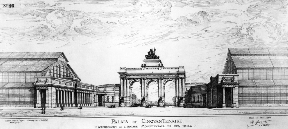 Projet de portique devant les grandes halles du Cinquantenaire, conçu en mai 1908 par Charles Girault (collection Archives nationales de France, reproduction AAM).