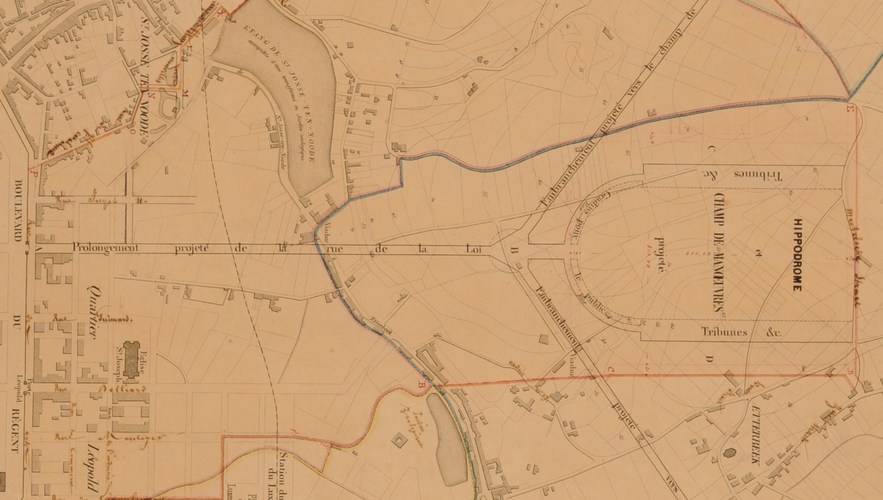 Projet de prolongement de la rue de la Loi vers un champ de manœuvres, dressé en 1850 par Félix Dubois et le Hardy de Beaulieu, AVB/PP 1521.