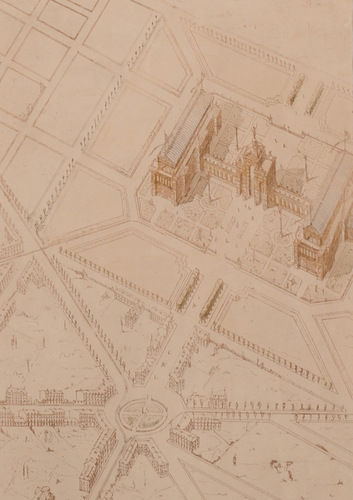 Detail van de transformatie van het noordoostelijk deel van de Leopoldswijk, perspectieftekening uit 1875 van Gédéon Bordiau die al een paleis voorzag op de plaats van het militair oefenterrein, SAB/PP 953.