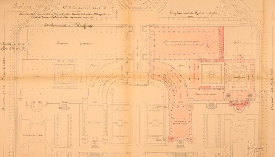 Plan du Palais du Cinquantenaire, dressé en 1900 par Gédéon Bordiau (AGR/Ministère des Travaux Publics, Administration des Bâtiments, Cartes et plans des Bâtiments d’État, 27-40).