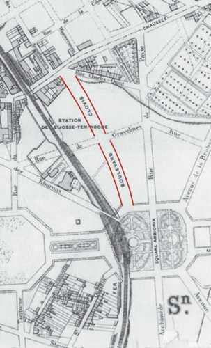 Clovislaan in 1881, voordat de spoorlijn ondergronds ging, detail van het plan Bruxelles et ses environs, in 1881 opgesteld door het Institut cartographique militaire (© Koninklijke Bibliotheek van België, Brussel, Kaarten en Plannen).