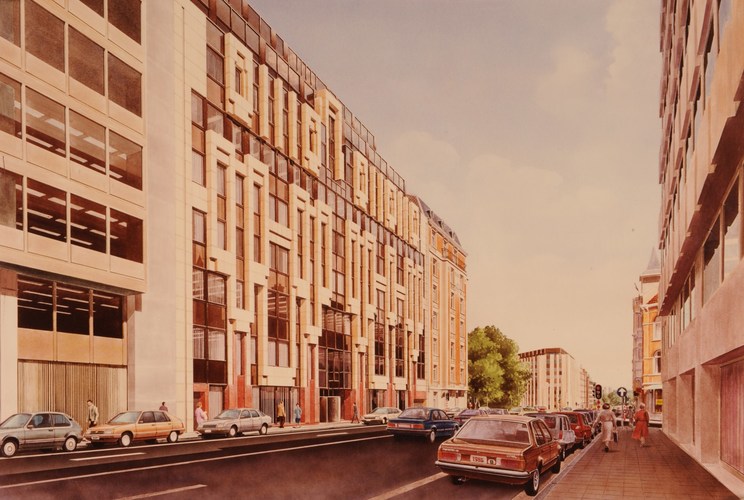 Avenue de Cortenberg 53-65, immeuble de bureaux conçu en 1985 par le bureau d'architecture Henri Montois, perspective, AVB/TP 90175 (1985).