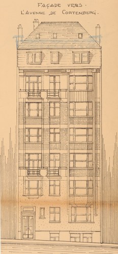Av. de la Joyeuse Entrée 41 - av. de Cortenberg 35, 'groupe d'immeuble à appartements modernes', conçu par l'architecte Henri Van Massenhove à la place des ateliers de Guillaume Charlier, élévation vers l'avenue de Cortenberg, AVB/TP 44858 (1930).