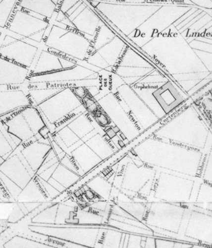 De Fultonstraat en het aangrenzende landgoed, detail van het plan [i]Bruxelles et ses environs[/i], in 1881 opgesteld door het Institut cartographique militaire (© Koninlijke Bibliotheek van België, Brussel, Kaarten en Plannen).