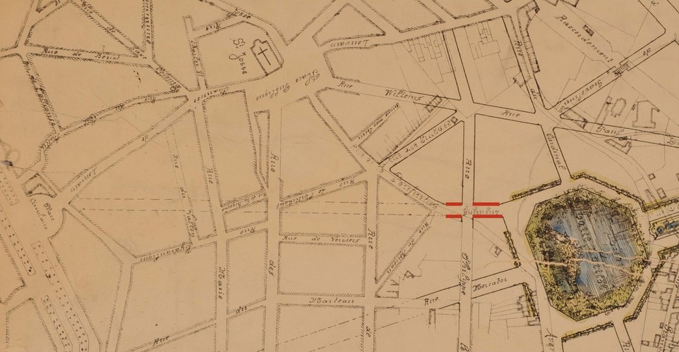 La rue Gutenberg, correspondant aux futurs premiers numéros du square du même nom, prolongée en pointillés jusqu’à la place Madou, détail du plan de transformation de la partie nord-est du quartier Léopold dessiné par Gédéon Bordiau, AVB/PP 956 (1879).