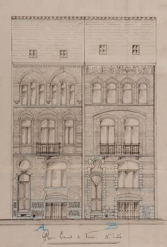 Rue Léonard de Vinci, ensemble de deux maisons conçues par l'architecte Édouard Ramaekers, aujourd'hui remplacé par le n° 107 avenue de Cortenberg, élévations, AVB/TP 13641 (1889). 