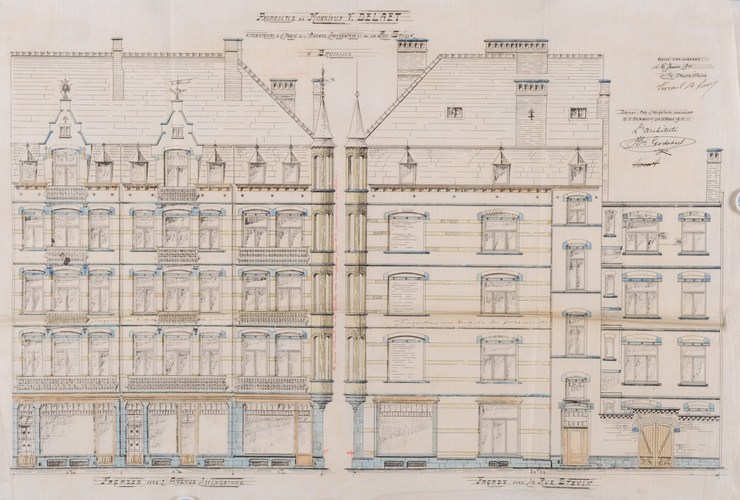 Avenue Livingstone, ensemble de trois maisons à l’angle de la rue Stevin, par l’architecte Henri Godsdeel, aujourd’hui remplacé par le complexe des Assurances Populaires, AVB/TP 49 (1910).