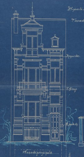 Rue Luther 8, projet de maison dessiné en 1902 par l’architecte Gustave Strauven (non réalisé), élévation, AVB/TP 15242 (1902).
