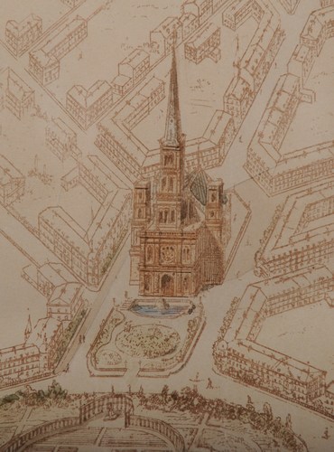 Le square Marguerite, détail de la vue perspective de la transformation de la partie nord-est du quartier Léopold, dessinée par Gédéon Bordiau en date du 20.10.1875, AVB/PP 953.