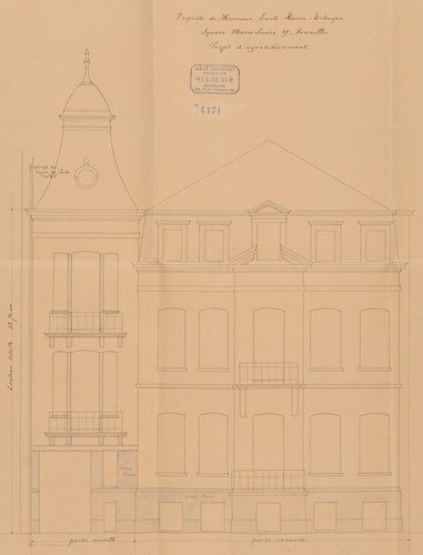 Square Marie-Louise 49, maison conçue en 1893 pour Max Wolfers et agrandie en 1902 par l’architecte Jules Brunfaut, élévation agrandie, AVB/TP 16323 (1902).