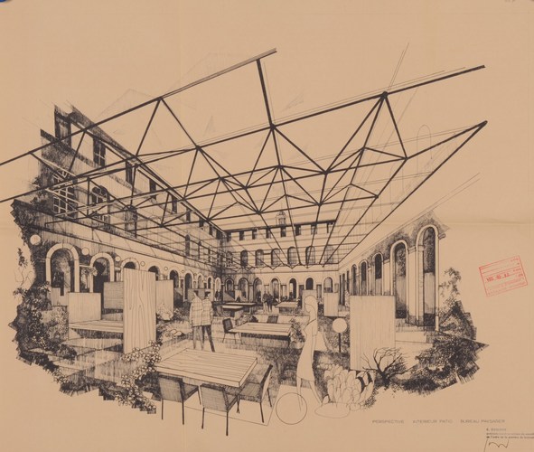 Avenue de Cortenberg 186, orphelinat de filles, projet non réalisé de réaffectation en bureaux, architecte C. Goelhen, perspective de la cour intérieure, AVB/TP 90038-90039 (1984).