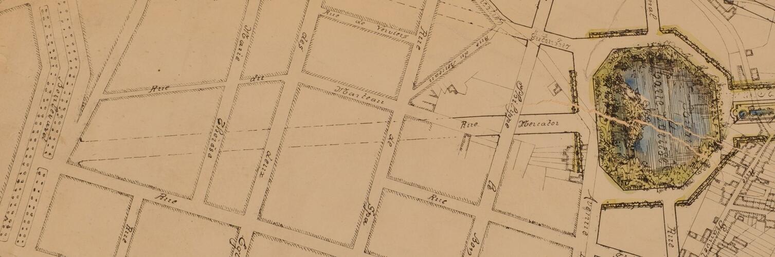 La rue Mercator, future rue Ortelius, prolongée en pointillés jusqu’à l’avenue des Arts, détail du plan de transformation de la partie nord-est du quartier Léopold dessiné par Gédéon Bordiau, AVB/PP 956 (1879).