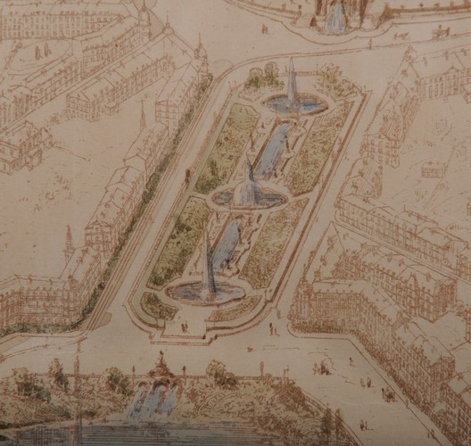 L’avenue Palmerston, détail de la vue perspective de la transformation de la partie nord-est du quartier Léopold, dessinée par Gédéon Bordiau en date du 20.10.1875, AVB/PP 953.