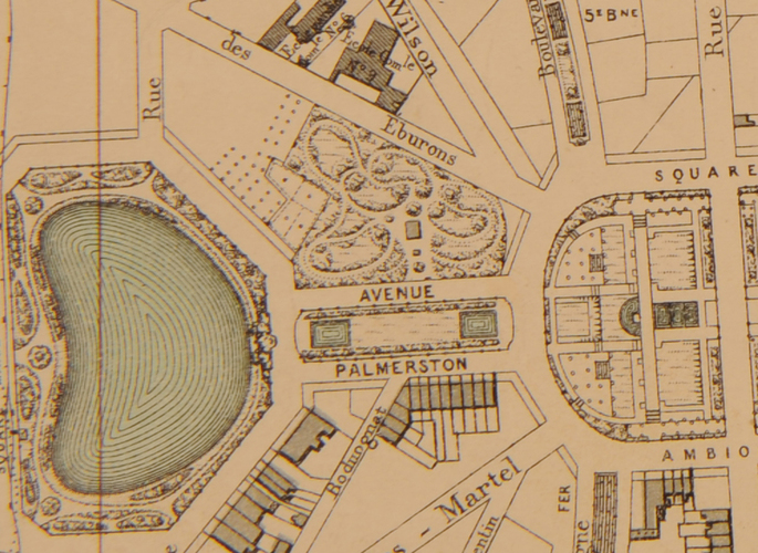L’avenue Palmerston et la propriété Van Hoorde, juste avant sa disparition, détail du plan [i]Bruxelles et ses environs[/i], réalisé par l’Institut cartographique militaire en 1894, AVB/TP 16767.