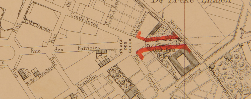 Ontwerp voor de verlenging van de Patriottenstraat doorheen het terrein van het weeshuis voor meisjes, SAB/OW 16767 (1899).